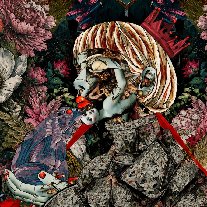 An elaborate surrealist collage-style digital artwork featuring a stylized figure in ornate patterned clothing with a crown, red ribbons, and a parrot, surrounded by lush pink flowers and butterflies.