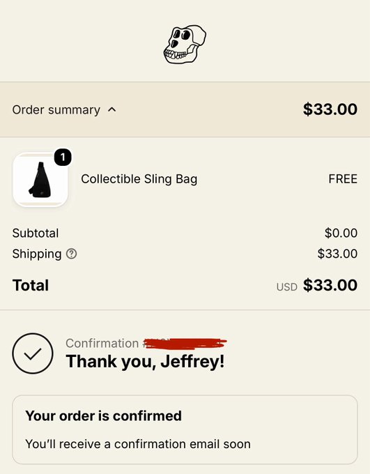 An order confirmation screen thanking 'Jeffrey!' showing a $33.00 total for a free 'Collectible Sling Bag' with a skull icon at the top.