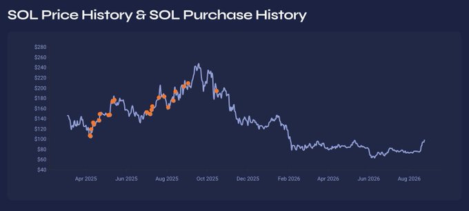 A line chart titled 'SOL Price History & SOL Purchase History' tracks SOL cryptocurrency prices from approximately April 2025 to August 2026, peaking around $240 in September 2025 before declining to about $80.
