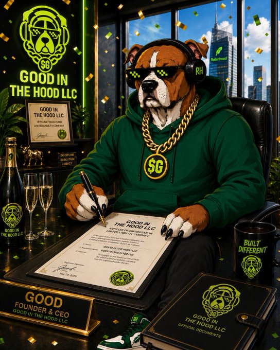 A bulldog wearing sunglasses, headphones, and a green "SG" hoodie signs "GOOD IN THE HOOD LLC" paperwork at a desk surrounded by branded memorabilia and Robinhood signage, embodying the meme's "trenches" culture of late-night crypto traders. Visible text includes "GOOD IN THE HOOD LLC," "GOOD FOUNDER & CEO," and "BUILT DIFFERENT," tying directly to the post's hype around the $GOOD token on Robinhood Chain.