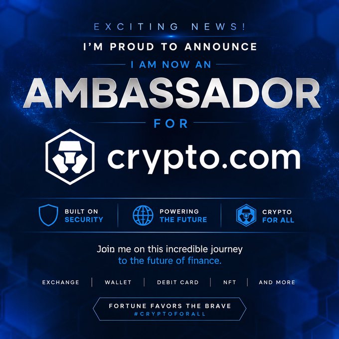 The image is a promotional announcement graphic declaring "EXCITING NEWS! I'M PROUD TO ANNOUNCE I AM NOW AN AMBASSADOR FOR crypto.com," featuring the Crypto.com logo and highlighting key services like exchange, wallet, debit card, and NFTs with the hashtag #CRYPTOFORALL. The accompanying caption ties in with the image's theme of community leadership, expressing pride in becoming an ambassador and inviting followers to join the journey under the #CroFam banner.
