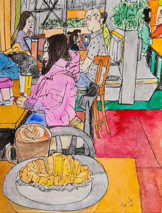 The watercolor illustration depicts a bustling café scene where a person in a pink hoodie sits at a table with a steaming latte and a flaky croissant on a plate in the foreground, while other patrons converse in the background near a sign reading "SPACE." The accompanying post highlights the artwork titled "Another Croissant's Tale," with text noting it as the last 2 editions available for 25 XTZ (Tezos cryptocurrency).