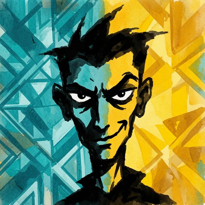 A stylized watercolor portrait of a man with a schismatic expression, split diagonally between teal and golden yellow geometric backgrounds that evoke the "Inkeil" brand. The image visually represents the post's theme of $INKV's split identity and "fracture" entering the chain on Solana via PumpFun.