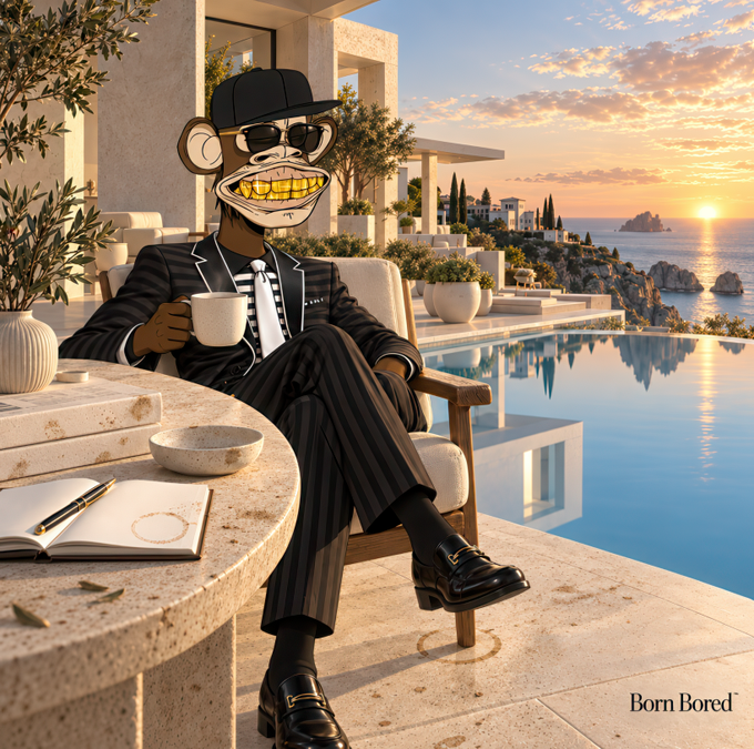 A suited cartoon monkey in sunglasses relaxes with coffee by a Mediterranean cliffside infinity pool at sunset, captioned "Born Bored"—mirroring the post's theme of embracing new Web3 opportunities with a sense of casual confidence and readiness for what's next.