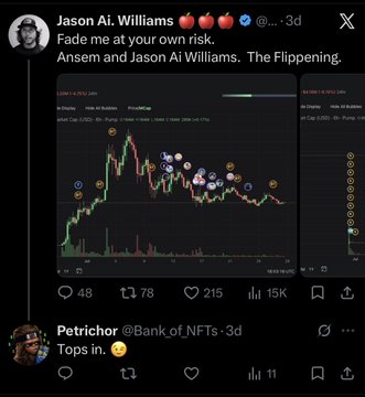 A social media post by Jason Ai. Williams (@BankofNFTs) reads 'Fade me at your own risk. Ansem and Jason Ai Williams. The Flippening,' showing a cryptocurrency trading chart with replies from other users.