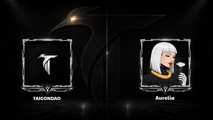 A dark-themed graphic displays two NFT character cards: 'TAIGONDAO' featuring a bird logo and 'Aurelia' showing a white-haired woman holding a flower, set against a shadowy bird silhouette background.