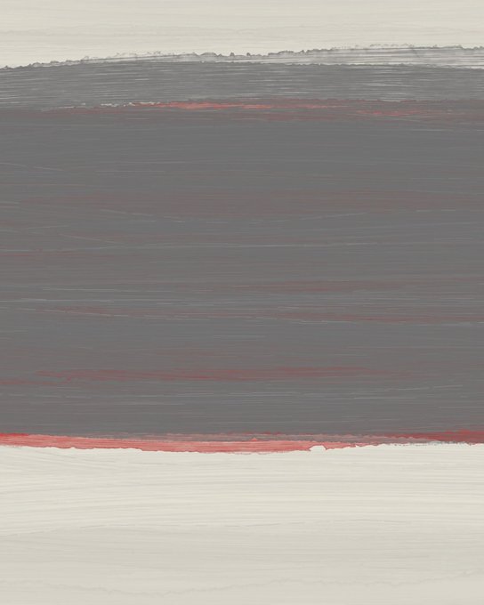 An abstract painting featuring horizontal bands of gray with streaks of red, bordered by off-white edges.