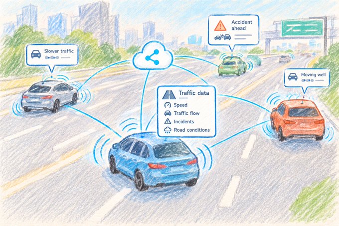 Illustration depicting connected cars on a highway sharing traffic data (speed, traffic flow, incidents, road conditions) via a cloud network, with notifications like 'Slower traffic', 'Accident ahead', and 'Moving well'.