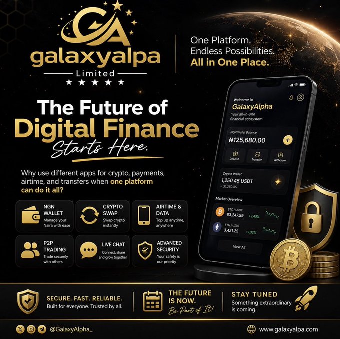 An advertisement for 'galaxyalpa Limited' featuring the tagline 'The Future of Digital Finance Starts Here' and showcasing their multi-functional financial platform app.