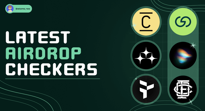A promotional graphic titled "LATEST AIRDROP CHECKERS" featuring logos for Concrete, Poseidon, Tria, and other projects on a dark green background, illustrating the post's list of seven airdrops users can verify for eligibility and claims.