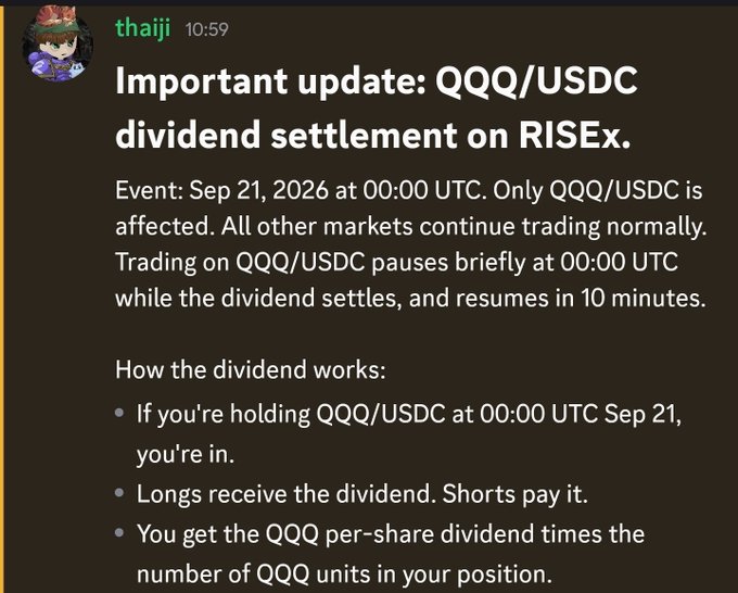 A Discord-style message from 'thaiji' announcing a 'Important update: QQQ/USDC dividend settlement on RISEx,' scheduled for Sep 21, 2026 at 00:00 UTC, explaining how longs receive and shorts pay the dividend.