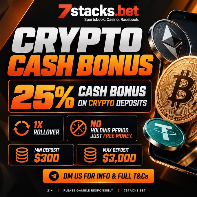 A promotional advertisement for 7stacks.bet offering a 25% Cash Bonus on Crypto Deposits with a minimum deposit of $300 and maximum of $3,000, featuring Bitcoin, Ethereum, and Tether coin graphics, and encouraging users to DM for info and T&Cs.