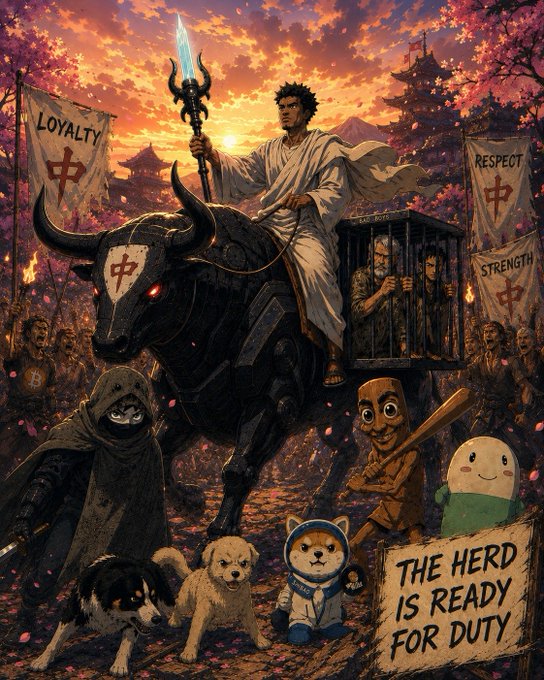 An AI-generated anime-style illustration showing a samurai-like figure on a demonic black bull with banners reading 'LOYALTY', 'RESPECT', and 'STRENGTH', accompanied by various characters and animals with a sign stating 'THE HERD IS READY FOR DUTY'.