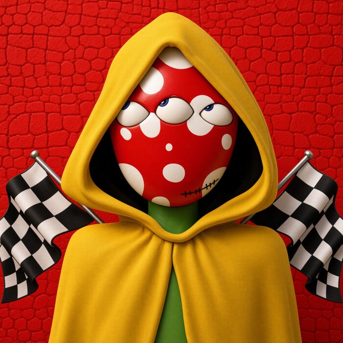 A 3D digital illustration of a character wearing a yellow hooded cloak, featuring a red mushroom-like mask with multiple eyes and a stitched mouth, holding black and white checkered racing flags.