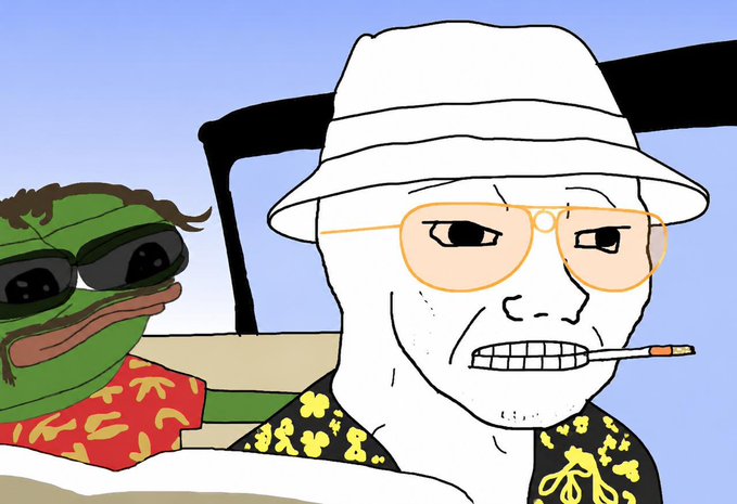 A cartoon of a man in a white bucket hat and orange-tinted glasses smoking a cigarette while driving a convertible, with a Pepe the Frog character wearing sunglasses and a Hawaiian shirt in the passenger seat.