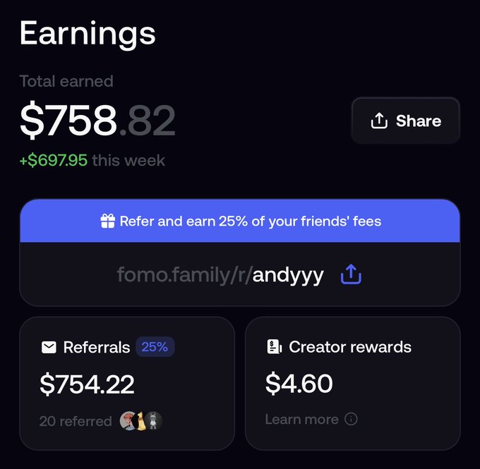 A user shares their Fomo Family earnings dashboard showing a total of $758.82 earned ($697.95 this week), with $754.22 from 20 referrals at 25% and $4.60 from creator rewards, illustrating their point about profiting from referrals while acknowledging the platform as a "fun way to lose money" with a small investment in the social trading meta.