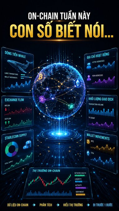 A Vietnamese-language infographic titled 'ON-CHAIN TUẦN NÀY CÒN SỐ BIẾT NÓI...' displaying various cryptocurrency market data panels including whale transactions, exchange flow, stablecoin supply, and wallet movements.
