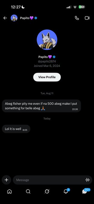 The image shows an Instagram direct message conversation with a user named "Papito 💜" (@papito2374), featuring a message sent on August 11 asking for 500 abeg, followed by the user replying "Lol it is well" earlier today at 8:05. The dismissive "lol it is well" reply supports the post's complaint about the user's nonchalant attitude despite requests for money and feeling entitled to avoid reciprocating.