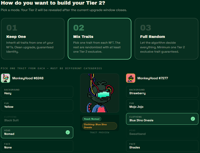 An NFT upgrade interface titled 'How do you want to build your Tier 2?' showing options to 'Keep One', 'Mix Traits', or 'Full Random', with two 'MonkeyHood' NFT traits displayed for selection.