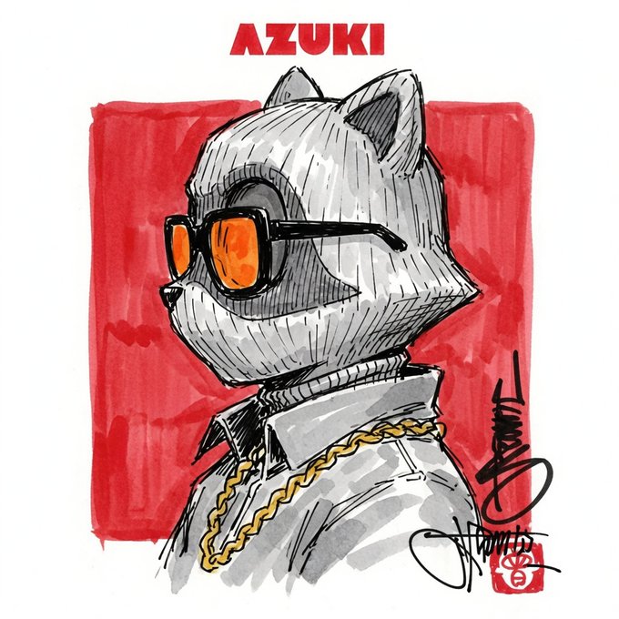 An illustrated portrait labeled "AZUKI" depicts a figure wearing a cat-eared hoodie, orange-tinted sunglasses, and a gold chain against a red background, signed and stamped by the artist steamboy33.