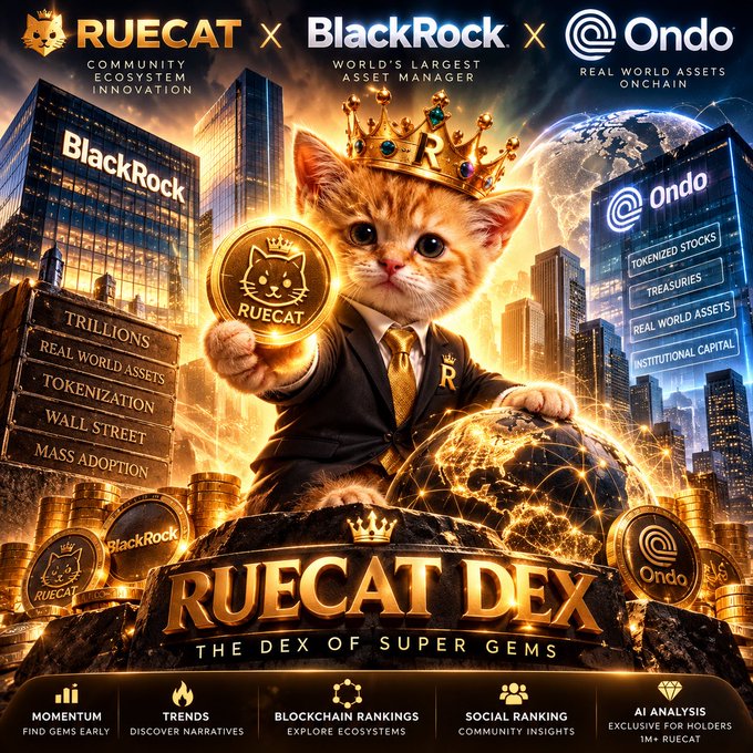 A promotional graphic for 'RUECAT DEX' features a crowned cat in a business suit holding a RUECAT coin, with branding for partnerships with BlackRock ('WORLD'S LARGEST ASSET MANAGER') and Ondo ('REAL WORLD ASSETS ONCHAIN'), promoting features like tokenized stocks and treasuries.