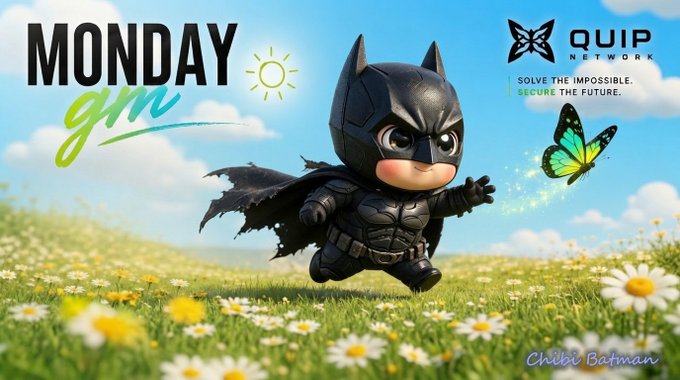 "MONDAY gm" graphic featuring a chibi Batman running through a flower field, with a "QUIP NETWORK" butterfly logo and "Solve the impossible. Secure the future." tagline.