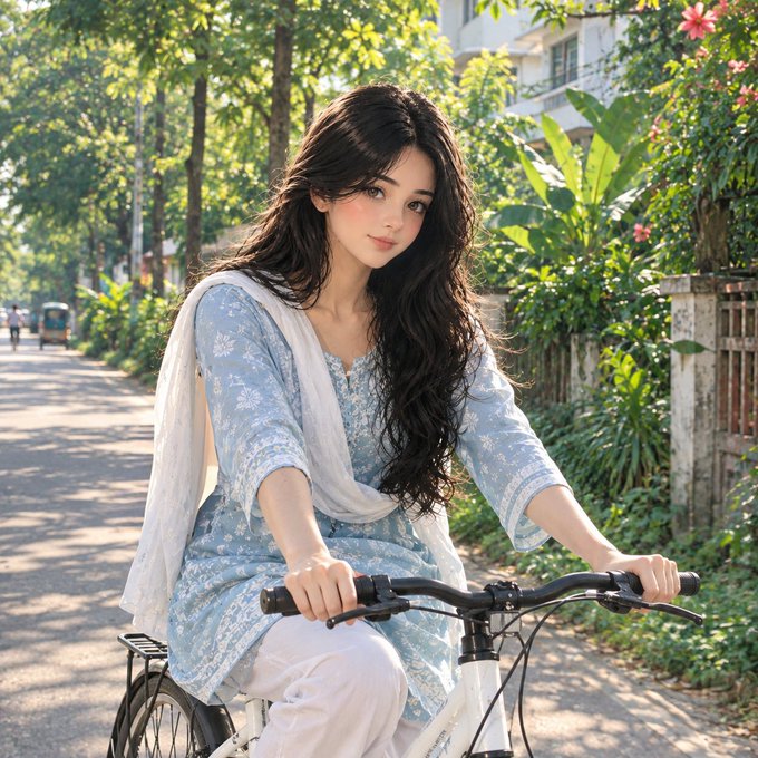 A young woman with long dark wavy hair in a blue floral dress riding a bicycle down a tree-lined street.