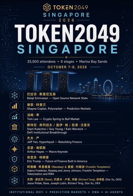 A promotional poster for TOKEN2049 Singapore 2026, held October 7-8, 2026 at Marina Bay Sands, listing speakers including Balaji Srinivasan, Tom Lee, Arthur Hayes, and others, with topics on Institutional DeFi, Prediction Markets, RWA, and AI Agents.