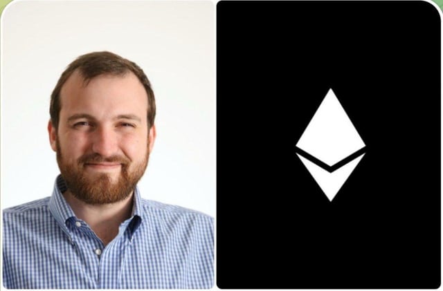 A split image showing a bearded man in a blue checkered shirt on the left and the white Ethereum (ETH) logo on a black background on the right.