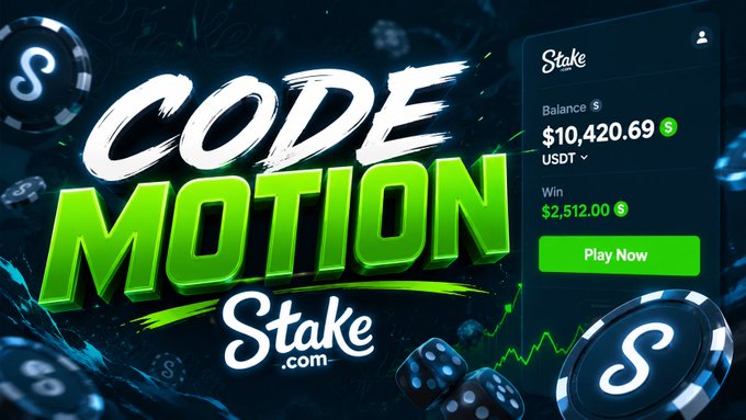 A promotional graphic featuring bold "CODE MOTION" text alongside the Stake.com logo, displaying an account balance of $10,420.69 USD and a win amount of $2,512.00, visually representing the rewards highlighted in the post.