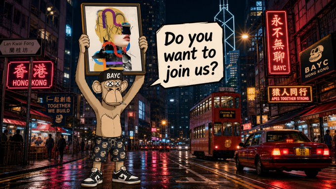 A stylized digital illustration of a BAYC-style monkey in a Hong Kong street scene holding a framed artwork, with a speech bubble reading 'Do you want to join us?' and neon signs including 'BAYC HONG KONG' and 'APES TOGETHER STRONG'.