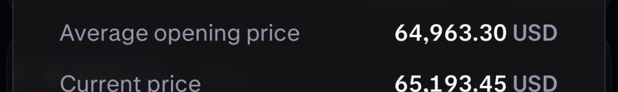 The image shows Bitcoin's average opening price at 64,963.30 USD and current price at 65,193.45 USD, indicating a modest upward movement that aligns with the trader's mention of taking a small 240-point profit on BTC longs.