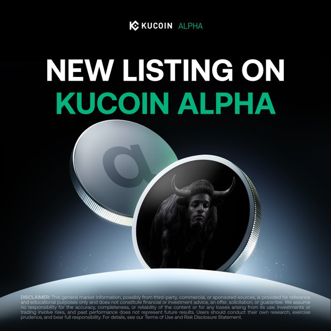 A KuCoin Alpha promotional graphic announcing a new listing of $ANSEM token, featuring two metallic coins—one displaying a lowercase "a" and the other showing a bull—against a dark background with the text "NEW LISTING ON KUCOIN ALPHA."