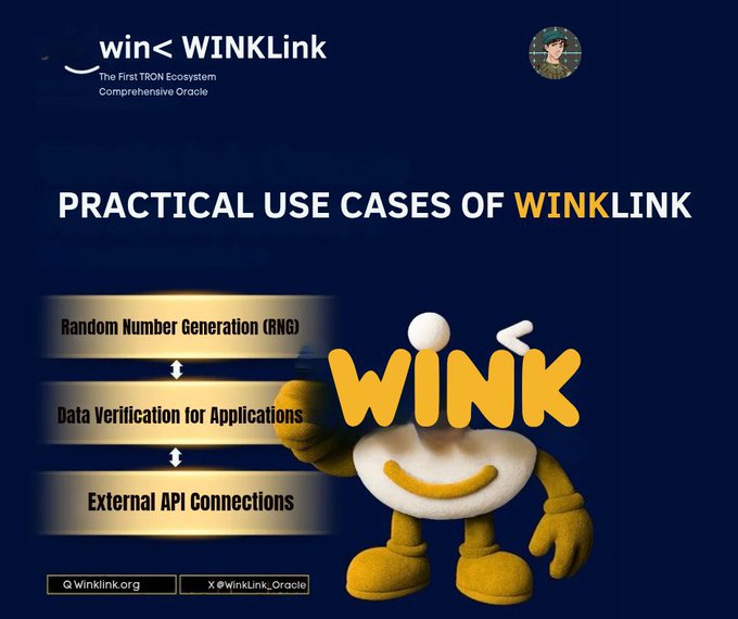 A promotional graphic for 'win< WINKLink' titled 'PRACTICAL USE CASES OF WINKLINK' lists Random Number Generation (RNG), Data Verification for Applications, and External API Connections alongside a smiling mascot character.