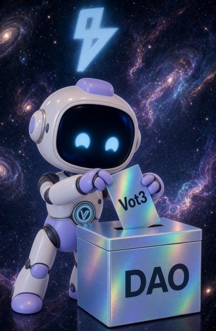 A 3D-rendered illustration of a small purple and white robot depositing a 'Vot3' card into a ballot box labeled 'DAO' against a cosmic background.