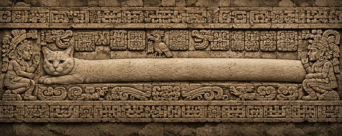 A meme-style image featuring a gray cat's head with an impossibly elongated, stretching body laid across a stone carving of ancient Mayan or Aztec figures, humorously visualizing the "LONGCAT" meme. The exaggerated length of the cat's body plays on the absurd concept of "long cat," a popular internet meme referencing the $LONGCAT cryptocurrency.