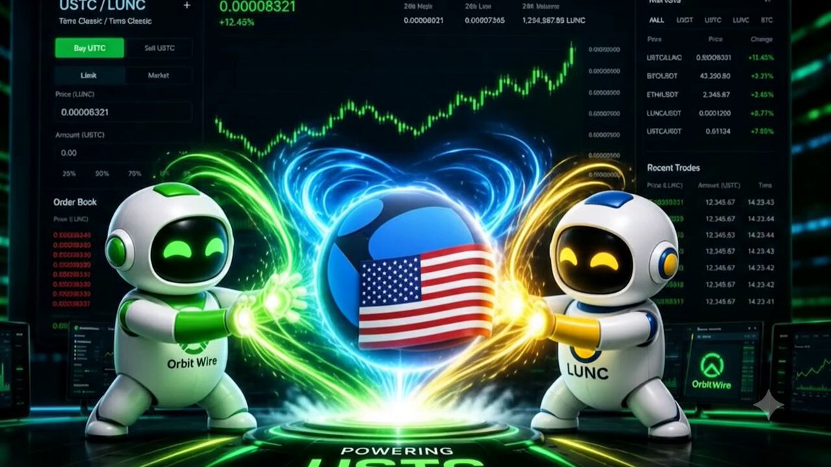 The image features two robot figures, each holding a different colored ball - one green and one blue. They are positioned in front of a computer screen displaying stock market data, with the US flag prominently displayed above them. The text "Retweet if you want $USTC REPEG" is also present on the image.