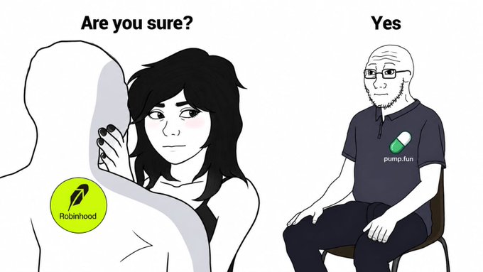 A comic-style illustration with text 'Are you sure?' and 'Yes' depicting a woman with a Robinhood logo on her shoulder and a man wearing a shirt with the 'pump.fun' logo.