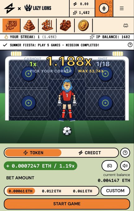 A mobile game screen called 'LAZY LIONS' showing a soccer-themed mini-game with a goalkeeper mascot, a current multiplier of 1.188x, IP balance of 1,682, and betting options using ETH tokens.