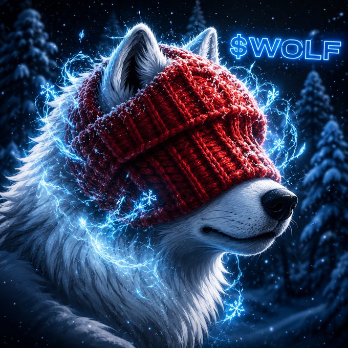 The image features a white wolf with its eyes closed, wearing a red knit cap or hat that has "WOLF" written on it. The background of the image shows snow-covered trees, suggesting a winter setting. The caption reads "$WOLF is building pressure every day. More eyes. More engagement. More attention. When it goes live, it won't be quiet. Stay ready. Don't chase later. $WOLF launching soon". This post seems to be related to the wolf and its surroundings in a creative way, possibly as part of an art project or social media campaign.

The image is visually appealing with the white color of the wolf contrasting against the snow-covered trees, while the red knit cap adds a pop of color. The caption provides context about the post's purpose and encourages viewers to pay attention to it when it goes live.