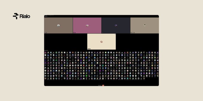 A screenshot of a platform called 'Rialo' displaying a grid of colorful cryptocurrency or token icons arranged in rows beneath larger category panels.