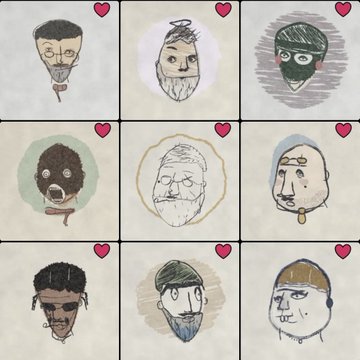 A grid of nine hand-drawn cartoon portraits of stylized characters with exaggerated features, each accompanied by a small red heart.