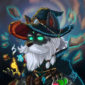 A fantasy digital artwork depicts a mystical wizard rabbit with glowing green eyes, a long white beard, an ornate hat, and magical items including flames and potions.