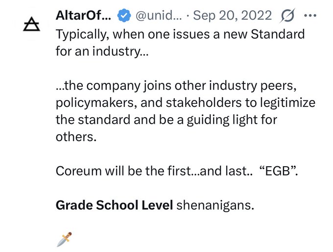 A tweet by verified user "AltarOf..." (@unid...) dated Sep 20, 2022 criticizes Coreum's "EGB" certification as "Grade School Level shenanigans," sarcastically noting that while companies typically collaborate with industry peers and stakeholders when issuing new standards, Coreum will stand alone as the first and last to push this dubious certification. The post aligns with the accompanying commentary, which mocks Coreum and Solo as part of a grift sponsored by Ripple, with the image serving as direct evidence of early warnings about Coreum's questionable certification practices.