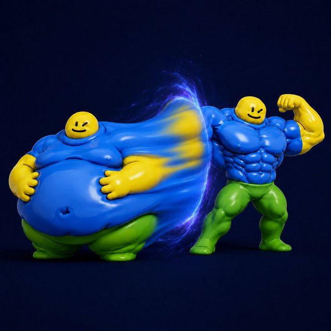 Two yellow smiley-face action figures in blue shirts and green pants—one overweight and one muscular—face each other as the muscular figure's fist sends a streak of energy into the belly of the larger figure, symbolizing an "onchain Lido" transformation reshaping the protocol's bulk.