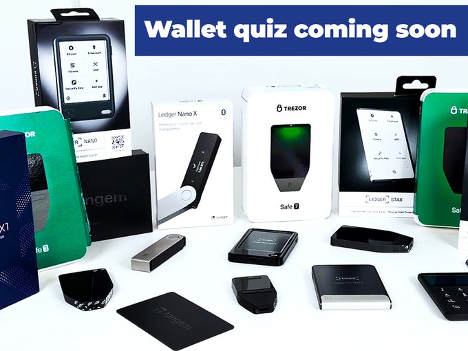 A promotional image displaying various cryptocurrency hardware wallets from brands like Ledger (Nano X, Stax) and Trezor (Safe 3, Safe 5) arranged together with the text 'Wallet quiz coming soon' prominently shown.