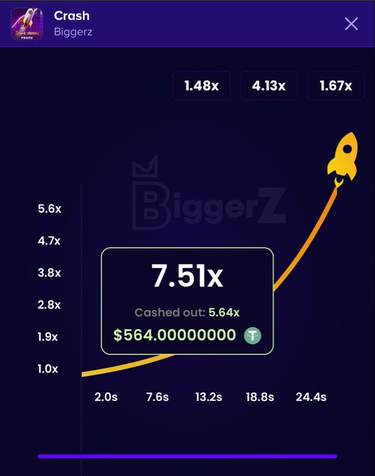 A Biggerz 'Crash' game screen showing a 7.51x multiplier with a cashed-out value of $564.000000000 T, featuring a rocket trajectory on a multiplier graph.
