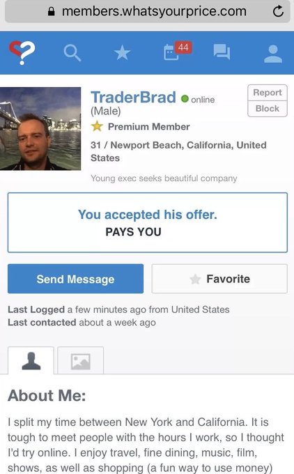 The image shows a screenshot of a profile page on members.whatsyourprice.com for a user named "TraderBrad" (Male, 31, Newport Beach, California), a Premium Member whose tagline reads "Young exec seeks beautiful company," with a banner stating "You accepted his offer. PAYS YOU."

The screenshot appears to be used as ironic visual evidence to support the post's claim about "$LIT revenue funding escorts," humorously implying the "young exec" profile represents the type of clientele the platform's revenue supports, tying the dating/companionship site imagery to the assertion about LIT token's revenue allocation.