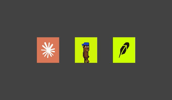 Three square icons on a dark gray background: an orange icon with a white starburst, a green icon featuring a cartoon character with blue hair, and a green icon with a black feather quill.