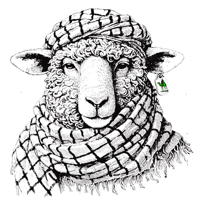 A detailed black-and-white ink illustration of a sheep adorned with a keffiyeh-style scarf and matching headwrap, featuring a single splash of color in its green earring depicting a camel. This artistic piece represents the "Art on Bitcoin" theme, blending traditional Middle Eastern cultural symbolism with Bitcoin's digital art ethos.